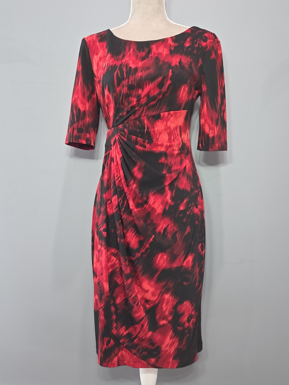 Y2K connected apparel Abstract Red & Black Ruched Print Midi Dress - 6